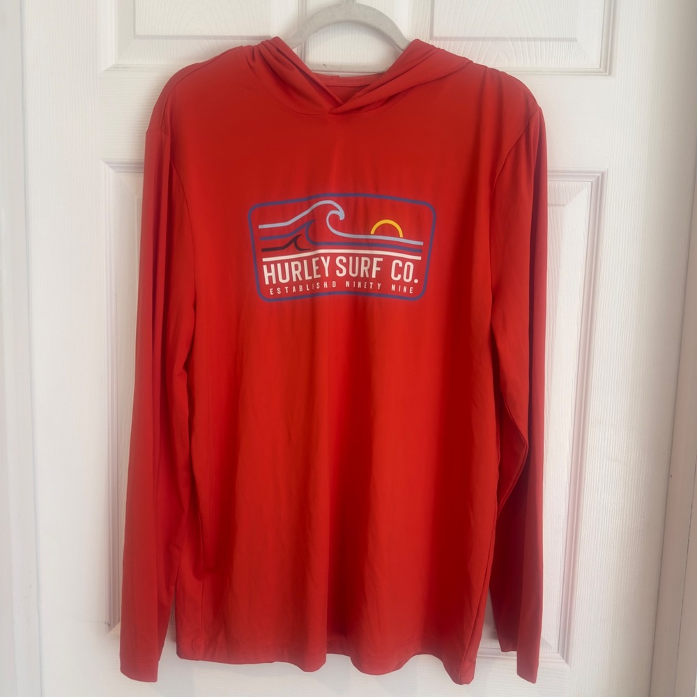 Hurley Surf Co Mens Red Long Sleeve Hooded Sun Shirt Graphic Wave Rash Guard